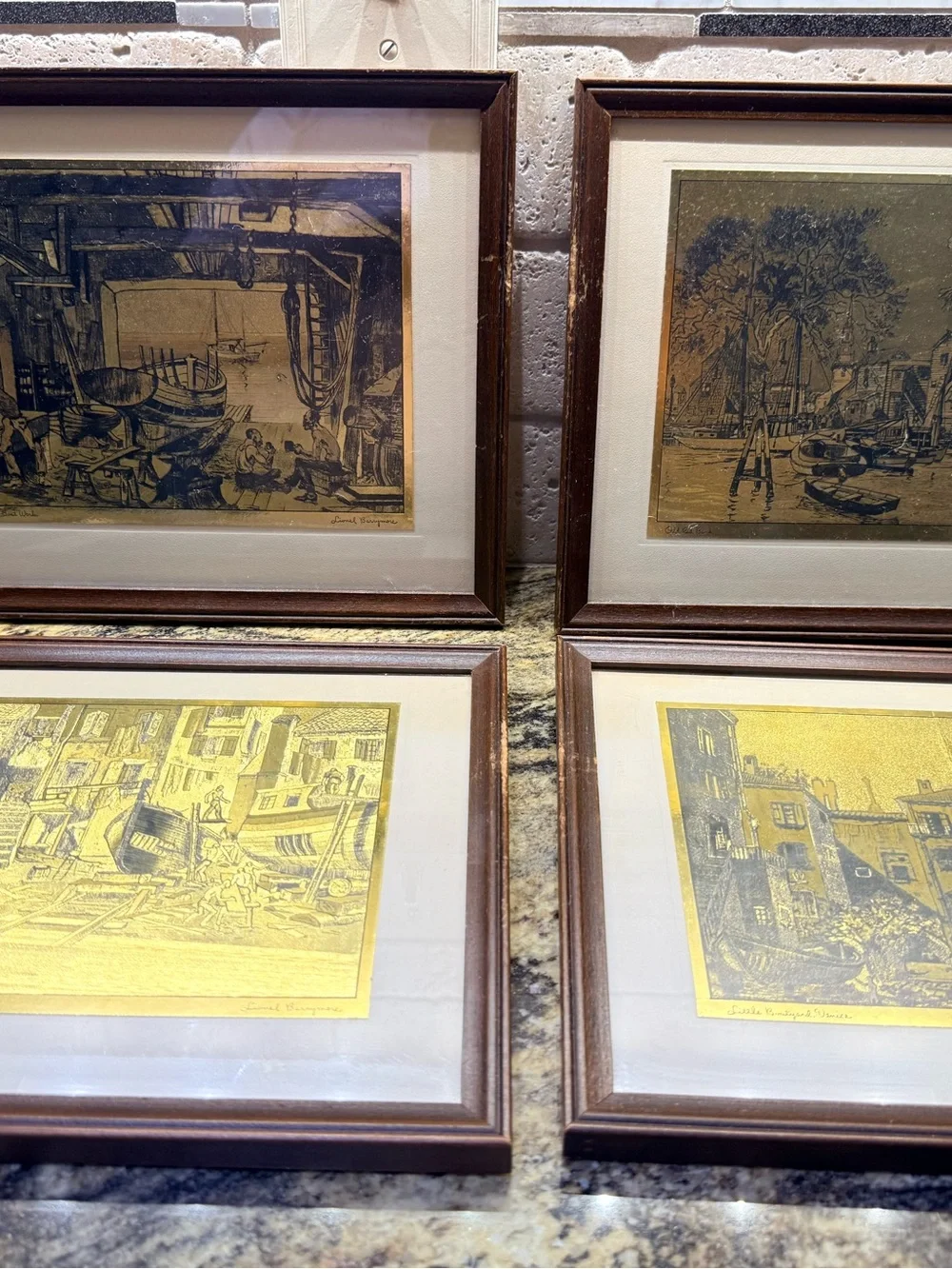Vintage Lionel Barrymore Gold Foil Etching Framed Art Set of 4  Prints